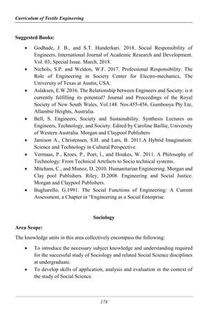 Curriculum of Textile Engineering
178
Suggested Books:
 Godhade, J. B., and S.T. Hunderkari. 2018. Social Responsibility of
Engineers. International Journal of Academic Research and Development.
Vol. 03; Special Issue. March, 2018.
 Nichols, S.P. and Weldon, W.F. 2017. Professional Responsibility: The
Role of Engineering in Society Center for Electro-mechanics, The
University of Texas at Austin, USA.
 Aslaksen, E.W.2016. The Relationship between Engineers and Society: is it
currently fulfilling its potential? Journal and Proceedings of the Royal
Society of New South Wales, Vol.148. Nos.455-456. Gumbooya Pty Lte,
Allambie Heights, Australia.
 Bell, S. Engineers, Society and Sustainability. Synthesis Lectures on
Engineers, Technology, and Society. Edited by Caroline Baillie, University
of Western Australia. Morgan and Claypool Publishers
 Jamison A., Christensen, S.H. and Lars, B. 2011.A Hybrid Imagination:
Science and Technology in Cultural Perspective.
 Vermaas, P., Kroes, P., Poet, l., and Houkes, W. 2011. A Philosophy of
Technology: From Technical Artefacts to Socio technical systems.
 Mitcham, C., and Munoz, D. 2010. Humanitarian Engineering. Morgan and
Clay pool Publishers. Riley, D.2008. Engineering and Social Justice.
Morgan and Claypool Publishers.
 Bugliarello, G.1991. The Social Functions of Engineering: A Current
Assessment, a Chapter in “Engineering as a Social Enterprise.
Sociology
Area Scope:
The knowledge units in this area collectively encompass the following:
 To introduce the necessary subject knowledge and understanding required
for the successful study of Sociology and related Social Science disciplines
at undergraduate.
 To develop skills of application, analysis and evaluation in the context of
the study of Social Science.
 