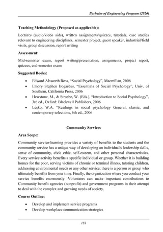 Bachelor of Engineering Program (2020)
181
Teaching Methodology (Proposed as applicable):
Lectures (audio/video aids), written assignments/quizzes, tutorials, case studies
relevant to engineering disciplines, semester project, guest speaker, industrial/field
visits, group discussion, report writing
Assessment:
Mid-semester exam, report writing/presentation, assignments, project report,
quizzes, end-semester exam
Suggested Books:
 Edward Alsworth Ross, “Social Psychology”, Macmillan, 2006
 Emory Stephen Bogardus, “Essentials of Social Psychology”, Univ. of
Southern, California Press, 2006
 Hewstone, M., & Stroebe, W. (Eds.), “Introduction to Social Psychology”,
3rd ed., Oxford: Blackwell Publishers, 2006
 Lesko, W.A. “Readings in social psychology General, classic, and
contemporary selections, 6th ed., 2006
Community Services
Area Scope:
Community service-learning provides a variety of benefits to the students and the
community service has a unique way of developing an individual's leadership skills,
sense of community, civic ethic, self-esteem, and other personal characteristics.
Every service activity benefits a specific individual or group. Whether it is building
homes for the poor, serving victims of chronic or terminal illness, tutoring children,
addressing environmental needs or any other service, there is a person or group who
ultimately benefits from your time. Finally, the organization where you conduct your
service benefits enormously. Volunteers can make important contributions to
Community benefit agencies (nonprofit) and government programs in their attempt
to deal with the complex and growing needs of society.
Course Outline:
 Develop and implement service programs
 Develop workplace communication strategies
 