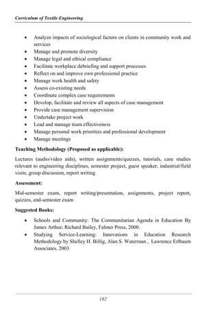 Curriculum of Textile Engineering
182
 Analyze impacts of sociological factors on clients in community work and
services
 Manage and promote diversity
 Manage legal and ethical compliance
 Facilitate workplace debriefing and support processes
 Reflect on and improve own professional practice
 Manage work health and safety
 Assess co-existing needs
 Coordinate complex case requirements
 Develop, facilitate and review all aspects of case management
 Provide case management supervision
 Undertake project work
 Lead and manage team effectiveness
 Manage personal work priorities and professional development
 Manage meetings
Teaching Methodology (Proposed as applicable):
Lectures (audio/video aids), written assignments/quizzes, tutorials, case studies
relevant to engineering disciplines, semester project, guest speaker, industrial/field
visits, group discussion, report writing
Assessment:
Mid-semester exam, report writing/presentation, assignments, project report,
quizzes, end-semester exam
Suggested Books:
 Schools and Community: The Communitarian Agenda in Education By
James Arthur; Richard Bailey, Falmer Press, 2000.
 Studying Service-Learning: Innovations in Education Research
Methodology by Shelley H. Billig, Alan S. Waterman , Lawrence Erlbaum
Associates, 2003
 