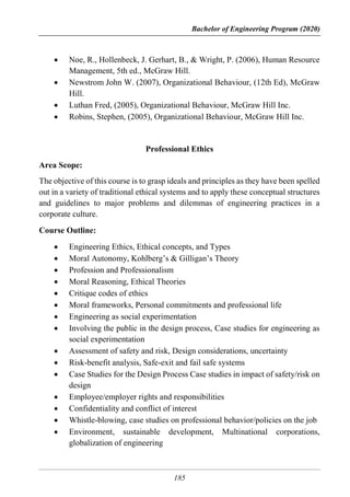 Bachelor of Engineering Program (2020)
185
 Noe, R., Hollenbeck, J. Gerhart, B., & Wright, P. (2006), Human Resource
Management, 5th ed., McGraw Hill.
 Newstrom John W. (2007), Organizational Behaviour, (12th Ed), McGraw
Hill.
 Luthan Fred, (2005), Organizational Behaviour, McGraw Hill Inc.
 Robins, Stephen, (2005), Organizational Behaviour, McGraw Hill Inc.
Professional Ethics
Area Scope:
The objective of this course is to grasp ideals and principles as they have been spelled
out in a variety of traditional ethical systems and to apply these conceptual structures
and guidelines to major problems and dilemmas of engineering practices in a
corporate culture.
Course Outline:
 Engineering Ethics, Ethical concepts, and Types
 Moral Autonomy, Kohlberg’s & Gilligan’s Theory
 Profession and Professionalism
 Moral Reasoning, Ethical Theories
 Critique codes of ethics
 Moral frameworks, Personal commitments and professional life
 Engineering as social experimentation
 Involving the public in the design process, Case studies for engineering as
social experimentation
 Assessment of safety and risk, Design considerations, uncertainty
 Risk-benefit analysis, Safe-exit and fail safe systems
 Case Studies for the Design Process Case studies in impact of safety/risk on
design
 Employee/employer rights and responsibilities
 Confidentiality and conflict of interest
 Whistle-blowing, case studies on professional behavior/policies on the job
 Environment, sustainable development, Multinational corporations,
globalization of engineering
 