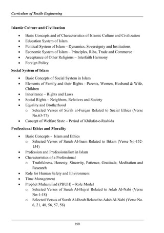 Curriculum of Textile Engineering
190
Islamic Culture and Civilization
 Basic Concepts and of Characteristics of Islamic Culture and Civilization
 Education System of Islam
 Political System of Islam – Dynamics, Sovereignty and Institutions
 Economic System of Islam – Principles, Riba, Trade and Commerce
 Acceptance of Other Religions – Interfaith Harmony
 Foreign Policy
Social System of Islam
 Basic Concepts of Social System in Islam
 Elements of Family and their Rights - Parents, Women, Husband & Wife,
Children
 Inheritance – Rights and Laws
 Social Rights – Neighbors, Relatives and Society
 Equality and Brotherhood
o Selected Verses of Surah al-Furqan Related to Social Ethics (Verse
No.63-77)
 Concept of Welfare State – Period of Khilafat-e-Rashida
Professional Ethics and Morality
 Basic Concepts - Islam and Ethics
o Selected Verses of Surah Al-Inam Related to Ihkam (Verse No-152-
154)
 Profession and Professionalism in Islam
 Characteristics of a Professional
o Truthfulness, Honesty, Sincerity, Patience, Gratitude, Meditation and
Research
 Role for Human Safety and Environment
 Time Management
 Prophet Muhammad (PBUH) – Role Model
o Selected Verses of Surah Al-Hujrat Related to Adab Al-Nabi (Verse
No-1-18)
o Selected Versus of Surah Al-Ihzab Related to Adab Al-Nabi (Verse No.
6, 21, 40, 56, 57, 58)
 