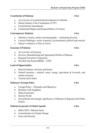 Bachelor of Engineering Program (2020)
193
Constitution of Pakistan 4 hrs
a. An overview of constitutional development in Pakistan
b. Salient features of the Constitution of 1973
c. Constitutional Amendments
d. Fundamental Rights and Responsibilities of Citizens
Contemporary Pakistan 4 hrs
a. Pakistan’s society, culture and demography – celebrating diversity
b. Current Challenges: social, economic, environmental, political and external
c. Nation’s resilience in War on Terror
Economy of Pakistan 4 hrs
a. An overview of Economy
b. Services, Manufacturing and Agricultural Profile of Pakistan
c. Regional Economic Cooperation
d. One Belt One Road (OBOR) – CPEC
Land of Opportunities 4 hrs
a. Physical features: diversity and beauty
b. Natural resources - mineral, water, energy, agriculture & livestock, and
marine resources
c. Tourism and Culture
Pakistan’s Foreign Policy 5 hrs
a. Foreign Policy – Principles and Objectives
b. Relations with Neighbors
c. Major Economies
d. Muslim World
e. Geo-political and strategic significance of Pakistan in Regional and Global
Politics
Pakistan in pursuit of Global Agenda 4 hrs
a. SDGs-2030 - Pakistan Goals
b. Commitments on Climate Change
c. Peace and Security
 