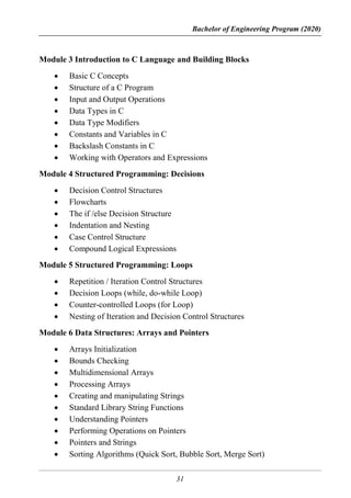 Bachelor of Engineering Program (2020)
31
Module 3 Introduction to C Language and Building Blocks
 Basic C Concepts
 Structure of a C Program
 Input and Output Operations
 Data Types in C
 Data Type Modifiers
 Constants and Variables in C
 Backslash Constants in C
 Working with Operators and Expressions
Module 4 Structured Programming: Decisions
 Decision Control Structures
 Flowcharts
 The if /else Decision Structure
 Indentation and Nesting
 Case Control Structure
 Compound Logical Expressions
Module 5 Structured Programming: Loops
 Repetition / Iteration Control Structures
 Decision Loops (while, do-while Loop)
 Counter-controlled Loops (for Loop)
 Nesting of Iteration and Decision Control Structures
Module 6 Data Structures: Arrays and Pointers
 Arrays Initialization
 Bounds Checking
 Multidimensional Arrays
 Processing Arrays
 Creating and manipulating Strings
 Standard Library String Functions
 Understanding Pointers
 Performing Operations on Pointers
 Pointers and Strings
 Sorting Algorithms (Quick Sort, Bubble Sort, Merge Sort)
 
