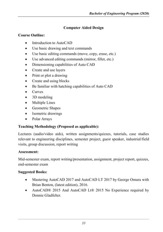 Bachelor of Engineering Program (2020)
33
Computer Aided Design
Course Outline:
 Introduction to AutoCAD
 Use basic drawing and text commands
 Use basic editing commands (move, copy, erase, etc.)
 Use advanced editing commands (mirror, fillet, etc.)
 Dimensioning capabilities of Auto CAD
 Create and use layers
 Print or plot a drawing
 Create and using blocks
 Be familiar with hatching capabilities of Auto CAD
 Curves
 3D modeling
 Multiple Lines
 Geometric Shapes
 Isometric drawings
 Polar Arrays
Teaching Methodology (Proposed as applicable):
Lectures (audio/video aids), written assignments/quizzes, tutorials, case studies
relevant to engineering disciplines, semester project, guest speaker, industrial/field
visits, group discussion, report writing
Assessment:
Mid-semester exam, report writing/presentation, assignment, project report, quizzes,
end-semester exam
Suggested Books:
 Mastering AutoCAD 2017 and AutoCAD LT 2017 by George Omura with
Brian Benton, (latest edition), 2016.
 AutoCAD® 2015 And AutoCAD Lt® 2015 No Experience required by
Donnie Gladfelter.
 