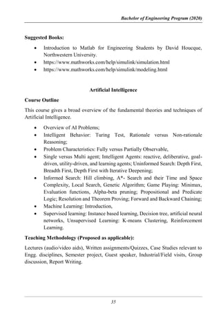 Bachelor of Engineering Program (2020)
35
Suggested Books:
 Introduction to Matlab for Engineering Students by David Houcque,
Northwestern University.
 https://www.mathworks.com/help/simulink/simulation.html
 https://www.mathworks.com/help/simulink/modeling.html
Artificial Intelligence
Course Outline
This course gives a broad overview of the fundamental theories and techniques of
Artificial Intelligence.
 Overview of AI Problems;
 Intelligent Behavior: Turing Test, Rationale versus Non-rationale
Reasoning;
 Problem Characteristics: Fully versus Partially Observable,
 Single versus Multi agent; Intelligent Agents: reactive, deliberative, goal-
driven, utility-driven, and learning agents; Uninformed Search: Depth First,
Breadth First, Depth First with Iterative Deepening;
 Informed Search: Hill climbing, A*- Search and their Time and Space
Complexity, Local Search, Genetic Algorithm; Game Playing: Minimax,
Evaluation functions, Alpha-beta pruning; Propositional and Predicate
Logic; Resolution and Theorem Proving; Forward and Backward Chaining;
 Machine Learning: Introduction,
 Supervised learning: Instance based learning, Decision tree, artificial neural
networks, Unsupervised Learning: K-means Clustering, Reinforcement
Learning.
Teaching Methodology (Proposed as applicable):
Lectures (audio/video aids), Written assignments/Quizzes, Case Studies relevant to
Engg. disciplines, Semester project, Guest speaker, Industrial/Field visits, Group
discussion, Report Writing.
 