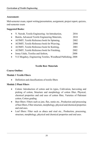 Curriculum of Textile Engineering
38
Assessment:
Mid-semester exam, report writing/presentation, assignment, project report, quizzes,
end-semester exam
Suggested Books:
 Y. Nawab, Textile Engineering: An Introduction, 2016
 Butola, Advanced Textile Engineering Materials, 2018
 ACIMIT, Textile Reference book for Spinning, 2002
 ACIMIT, Textile Reference book for Weaving, 2000
 ACIMIT, Textile Reference book for Knitting, 2001
 ACIMIT, Textile Reference book for Finishing, 2002
 Jenny Udale, Textiles and fashion, 2008
 Y.E Mogahzy, Engineering Textiles, Woodhead Publishing, 2008
Textile Raw Materials
Course Outline:
Module 1 Textile Fibers
 Definition and classifications of textile fibers
Module 2 Plant Fibers
 Cotton: Introduction of cotton and its types, Cultivation, harvesting and
picking of cotton, Structure and morphology of cotton fiber, Physical,
chemical properties and end uses of cotton fiber, Varieties of Pakistani
cotton, Cotton grading.
 Bast fibers: Fibers such as jute, flax, ramie etc., Production and processing
of bast fibers, Fiber structure, morphology, physical and chemical properties
and end uses.
 Leaf fibers: Fiber such as abaca and sisal etc., Production, processing,
structure, morphology, physical and chemical properties and end uses.
 