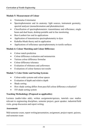 Curriculum of Textile Engineering
50
Module 5: Measurement of Colour
 Tristimulus Colorimeter
 Spectrophotometer and its anatomy: light sources, instrument geometry,
spectral analyzer (monochromation and photodetection)
 Classification of spectrophotometers: transmittance and reflectance, single
beam and dual beam, desktop portable and in line monitoring
 Beer-Lambert law and its applications
 Application of transmission spectrophotometry to dyes
 Kubelka-Munk theory and its application
 Applications of reflectance spectrophotometry to textile surfaces
Module 6: Colour Matching and Colour Difference
 Colour match prediction
 Colour difference evaluation and metamersim
 Various colour difference formulae
 Colour difference tolerance
 Evaluation of whiteness and yellowness
 Evaluations of colour fastness test results
Module 7: Color Order and Sorting Systems
 Colour-order systems and colour spaces
 Evaluation of depth and relative depth
 Shade sorting
 How shade sorting differs from pass/fail colour difference evaluation?
 555 shade sorting system
Teaching Methodology (Proposed as applicable):
Lectures (audio/video aids), written assignments/quizzes, tutorials case studies
relevant to engineering disciplines, semester project, guest speaker, industrial/field
visits, group discussion and report writing.
Assessment:
Mid-semester exam, report writing/presentation, assignment, project report, quizzes,
end-semester exam
 