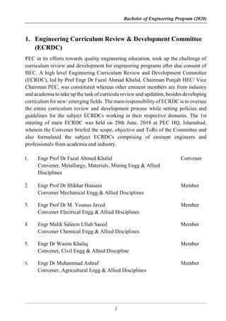 Bachelor of Engineering Program (2020)
1
1. Engineering Curriculum Review & Development Committee
(ECRDC)
PEC in its efforts towards quality engineering education, took up the challenge of
curriculum review and development for engineering programs after due consent of
HEC. A high level Engineering Curriculum Review and Development Committee
(ECRDC), led by Prof Engr Dr Fazal Ahmad Khalid, Chairman Punjab HEC/ Vice
Chairman PEC, was constituted whereas other eminent members are from industry
and academia to take up the task of curricula review and updation, besides developing
curriculum for new/ emerging fields. The main responsibility of ECRDC is to oversee
the entire curriculum review and development process while setting policies and
guidelines for the subject ECRDCs working in their respective domains. The 1st
meeting of main ECRDC was held on 29th June, 2018 at PEC HQ, Islamabad,
wherein the Convener briefed the scope, objective and ToRs of the Committee and
also formulated the subject ECRDCs comprising of eminent engineers and
professionals from academia and industry.
1. Engr Prof Dr Fazal Ahmed Khalid
Convener, Metallurgy, Materials, Mining Engg & Allied
Disciplines
Convener
2. Engr Prof Dr Iftikhar Hussain
Convener Mechanical Engg & Allied Disciplines
Member
3. Engr Prof Dr M. Younus Javed
Convener Electrical Engg & Allied Disciplines
Member
4. Engr Malik Saleem Ullah Saeed
Convener Chemical Engg & Allied Disciplines
Member
5. Engr Dr Wasim Khaliq
Convener, Civil Engg & Allied Discipline
Member
6. Engr Dr Muhammad Ashraf
Convener, Agricultural Engg & Allied Disciplines
Member
 