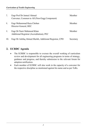 Curriculum of Textile Engineering
2
7. Engr Prof Dr Jameel Ahmed
Convener, Common to All (Non-Engg Component)
Member
8. Engr Muhammad Raza Chohan
Director General, HEC
Member
9. Engr Dr Nasir Mahmood Khan
Additional Registrar (Accreditation), PEC
Member
10. Engr Dr Ashfaq Ahmed Sheikh, Additional Registrar, CPD Secretary
2. ECRDC Agenda
 The ECRDC is responsible to oversee the overall working of curriculum
review and development for all engineering programs in terms of strategy,
guidance and progress, and thereby submission to the relevant forum for
adoption notification.
 Each member of ECRDC will also work in the capacity of a convener for
the respective discipline as mentioned against his name and as per ToRs.
 