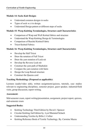 Curriculum of Textile Engineering
88
Module 14: Socks Knit Designs
 Understand common designs in socks
 Types of sock w.r.t to design.
 Understand Design pattern at different steps of socks
Module 15: Warp Knitting Terminologies, Structure and Characteristics
 Comparison of Warp and Weft Knitted fabrics and structure
 Understand the Warp Knitting Design & Terminologies
 Comparison of Raschel Knitted Fabric
 Tricot Knitted Fabrics
Module 16: Warp Knitting Terminologies, Structure and Characteristics
 Develop the Half Tricot
 Draw the notation of Full Tricot
 Draw the yarn notation of Lock-nit
 Develop the Reverse Lock-nit
 Construct the yarn path of Sharkskin
 Compare the yarn notation with Satin
 Design the Loop Raised structure
 Construct the Queens cord
Teaching Methodology (Proposed as applicable):
Lectures (audio/video aids), written assignments/quizzes, tutorials, case studies
relevant to engineering disciplines, semester project, guest speaker, industrial/field
visits, group discussion, report writing.
Assessment:
Mid-semester exam, report writing/presentation, assignment, project report, quizzes,
end-semester exam
Suggested Books:
 Knitting Technology Third Edition by David J. Spencer
 Circular Knitting 2nd Edition by. Lyer/Mammel/Schach
 Understanding Textiles by Billie J. Collier
 Knitting Reference Book of Textile Technology. By. Carmine Mazza
 