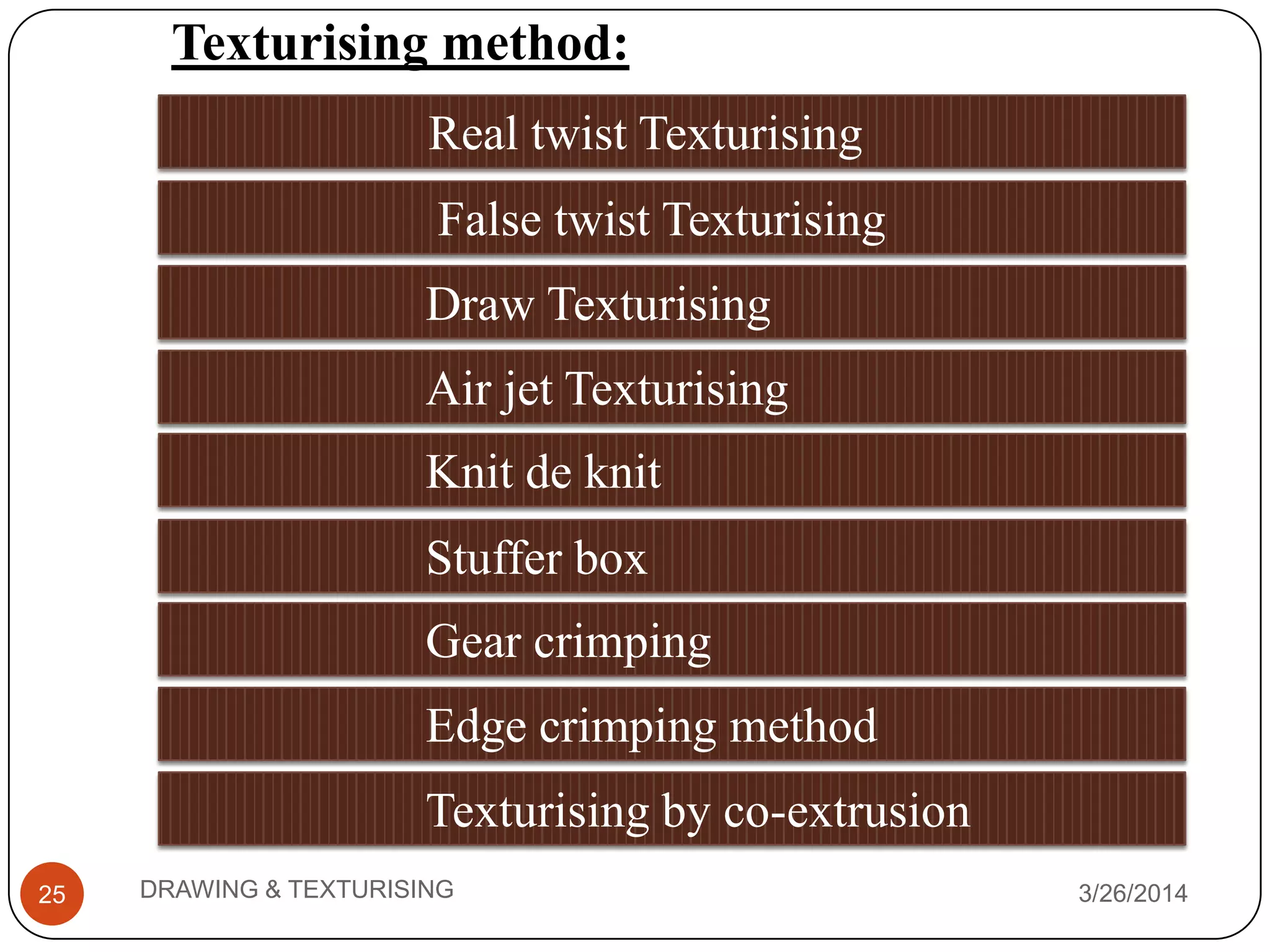 Texturising method:
3/26/2014DRAWING & TEXTURISING25
Real twist Texturising
False twist Texturising
Draw Texturising
Knit de knit
Air jet Texturising
Stuffer box
Gear crimping
Edge crimping method
Texturising by co-extrusion
 