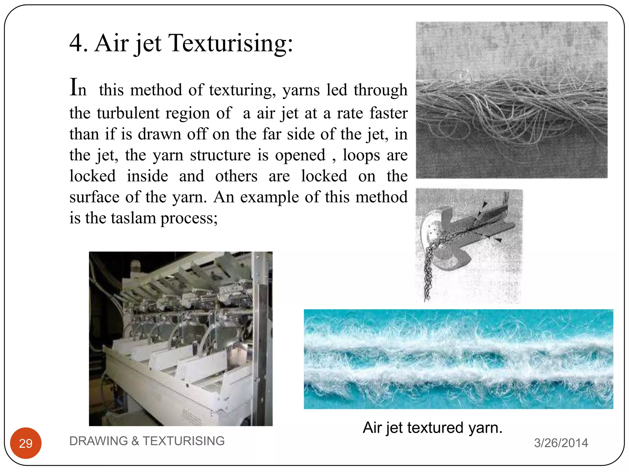 4. Air jet Texturising:
3/26/2014DRAWING & TEXTURISING29
In this method of texturing, yarns led through
the turbulent region of a air jet at a rate faster
than if is drawn off on the far side of the jet, in
the jet, the yarn structure is opened , loops are
locked inside and others are locked on the
surface of the yarn. An example of this method
is the taslam process;
Air jet textured yarn.
 
