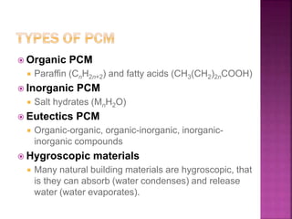  Organic PCM
 Paraffin (CnH2n+2) and fatty acids (CH3(CH2)2nCOOH)
 Inorganic PCM
 Salt hydrates (MnH2O)
 Eutectics PCM
 Organic-organic, organic-inorganic, inorganic-
inorganic compounds
 Hygroscopic materials
 Many natural building materials are hygroscopic, that
is they can absorb (water condenses) and release
water (water evaporates).
 