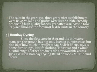 The sales in the year 1934, three years after establishment
were Rs 45.76 lakh and profits were Rs 2.82 lakh. Steadily
producing high quality fabrics, year after year, Arvind took
its place amongst the foremost textile units in the country.
3 | Bombay Dyeing
Since the first store in 1879 and the only store
manager, the growth has not only been in our presence, but
also in of how much theyoffer today. Stylish linens, towels,
home furnishings, leisure clothing, kids wear and a whole
blissful range of other products are now available across
350+ exclusive Bombay Dyeing Retail or 2000+ Multi-brand
Stores.
 