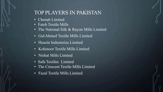 TOP PLAYERS IN PAKISTAN
• Chenab Limited
• Fateh Textile Mills
• The National Silk & Rayon Mills Limited
• GulAhmed Textile Mills Limited
• Husein Industeries Limited
• Kohinoor Textile Mills Limited
• Nishat Mills Limited
• Safa Textiles Limited
• The Crescent Textile Mills Limited
• Fazal Textile Mills Limited
 