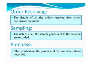 Order Receiving:
The details of all the orders received from other
nations are recorded.
Sampling:
The details of all the sample goods sent to the concern
are recorded.
Purchase:
The details about the purchase of the raw materials are
recorded.
 