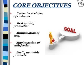 CORE OBJECTIVES To be the 1 st  choice of customer. Best quality production. Minimization of cost. Maximization of satisfaction. Easily available products. 
