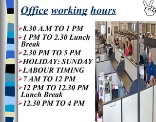 Office   working   hours 8.30 A.M TO 1 PM 1 PM TO 2.30 Lunch Break 2.30 PM TO 5 PM HOLIDAY: SUNDAY LABOUR TIMING 7 AM TO 12 PM 12 PM TO 12.30 PM Lunch Break 12.30 PM TO 4 PM 