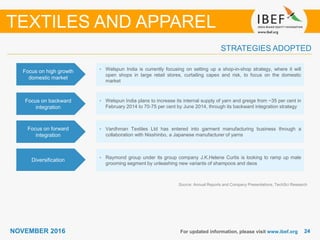 2424NOVEMBER 2016 For updated information, please visit www.ibef.org
STRATEGIES ADOPTED
TEXTILES AND APPAREL
Source: Annual Reports and Company Presentations, TechSci Research
• Welspun India is currently focusing on setting up a shop-in-shop strategy, where it will
open shops in large retail stores, curtailing capex and risk, to focus on the domestic
market
• Welspun India plans to increase its internal supply of yarn and greige from ~35 per cent in
February 2014 to 70-75 per cent by June 2014, through its backward integration strategy
• Vardhman Textiles Ltd has entered into garment manufacturing business through a
collaboration with Nisshinbo, a Japanese manufacturer of yarns
• Raymond group under its group company J.K.Helene Curtis is looking to ramp up male
grooming segment by unleashing new variants of shampoos and deos
Focus on high growth
domestic market
Focus on backward
integration
Focus on forward
integration
Diversification
 