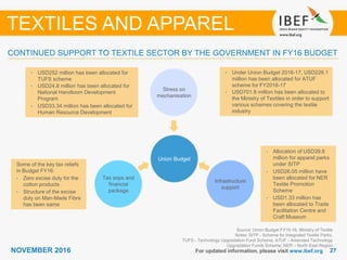 2727NOVEMBER 2016 For updated information, please visit www.ibef.org
CONTINUED SUPPORT TO TEXTILE SECTOR BY THE GOVERNMENT IN FY16 BUDGET
TEXTILES AND APPAREL
Source: Union Budget FY15-16, Ministry of Textile
Notes: SITP - Scheme for Integrated Textile Parks,
TUFS - Technology Upgradation Fund Scheme, ATUF - Amended Technology
Upgradation Funds Scheme, NER – North East Region
Union Budget
Stress on
mechanisation
Infrastructure
support
Tax sops and
financial
package
Some of the key tax reliefs
in Budget FY16:
• Zero excise duty for the
cotton products
• Structure of the excise
duty on Man-Made Fibre
has been same
• Allocation of USD39.8
million for apparel parks
under SITP
• USD26.05 million have
been allocated for NER
Textile Promotion
Scheme
• USD1.33 million has
been allocated to Trade
Facilitation Centre and
Craft Museum
• USD252 million has been allocated for
TUFS scheme
• USD24.8 million has been allocated for
National Handloom Development
Program
• USD33.34 million has been allocated for
Human Resource Development
• Under Union Budget 2016-17, USD226.1
million has been allocated for ATUF
scheme for FY2016-17
• USD701.9 million has been allocated to
the Ministry of Textiles in order to support
various schemes covering the textile
industry
 