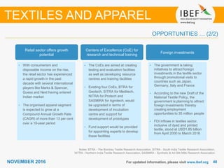 4040NOVEMBER 2016 For updated information, please visit www.ibef.org
OPPORTUNITIES … (2/2)
Notes: BTRA - The Bombay Textile Research Association, SITRA - South India Textile Research Association,
NITRA - Northern India Textile Research Association, SASMIRA - Synthetic & Art Silk Mills Research Association
TEXTILES AND APPAREL
Retail sector offers growth
potential
• With consumerism and
disposable income on the rise,
the retail sector has experienced
a rapid growth in the past
decade with several international
players like Marks & Spencer,
Guess and Next having entered
Indian market
• The organised apparel segment
is expected to grow at a
Compound Annual Growth Rate
(CAGR) of more than 13 per cent
over a 10-year period
Centers of Excellence (CoE) for
research and technical training
• The CoEs are aimed at creating
testing and evaluation facilities
as well as developing resource
centres and training facilities
• Existing four CoEs, BTRA for
Geotech, SITRA for Meditech,
NITRA for Protech and
SASMIRA for Agrotech, would
be upgraded in terms of
development of incubation
centre and support for
development of prototypes
• Fund support would be provided
for appointing experts to develop
these facilities
Foreign investments
• The government is taking
initiatives to attract foreign
investments in the textile sector
through promotional visits to
countries such as Japan,
Germany, Italy and France
• According to the new Draft of the
National Textile Policy, the
government is planning to attract
foreign investments thereby
creating employment
opportunities to 35 million people
• FDI inflows in textiles sector,
inclusive of dyed and printed
textile, stood at USD1.85 billion
from April 2000 to March 2016
 