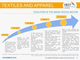 88NOVEMBER 2016 For updated information, please visit www.ibef.org
EVOLUTION OF THE INDIAN TEXTILE SECTOR
Notes: NTP - National Textile Policy; NTC - National Textiles Corporation; ASEAN - Association of Southeast Asian Nations, TUFS - Technology Upgradation Fund Scheme;
TMC - Technology Mission on Cotton, EU - European Union, Source: Union Budget 2015-16, Make In India
• The first cotton textile
mill of Mumbai was
established in 1854
• The first cotton mill of
Ahmedabad was
found in 1861; it
emerged as a rival
centre to Mumbai
• Number of mills
increased from 178 in
1901 to 417 in 1945
• Out of 423 textile mills
of the undivided India,
India received 409 after
partition and the
remaining 14 went to
Pakistan
• In 1999, TUFS was set
up to provide easy
access to capital for
technological up
gradation
• TMC was launched to
address issues related
to low productivity and
infrastructure
• In 2000, NTP was
announced for the
overall development of
the textile and apparel
industry
1854-1900
1901–1950
1951-2000
2000-14
• SITP was implemented to
facilitate setting up of textile
units with appropriate support
infrastructure
• After MFA cotton prices are
aligned with global prices
• Technical textile industry will
be a new growth avenue
• Free trade agreement with
ASEAN countries and
proposed agreement with EU
under discussion
• Restructured TUFS was
launched attracting a subsidy
cap of USD420.65 Million
TEXTILES AND APPAREL
2014-Onwards
• Make in India campaign was
launched to attract manufacturers
and FDI.
• Technology Mission for Technical
Textile has been continued.
• Under Union Budget 2016-17,
Government of India allocated
around USD701.9 million for
textile Industry. Major focus of
this budget is to attract
manufacturers, initiate technology
upgradation, and setup Integrated
textiles parks, etc.
• Measures were also announced
to be taken to foster faster
clearance of import and export
cargo
 