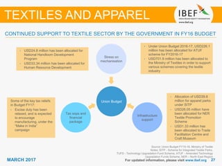 2727MARCH 2017 For updated information, please visit www.ibef.org
CONTINUED SUPPORT TO TEXTILE SECTOR BY THE GOVERNMENT IN FY16 BUDGET
TEXTILES AND APPAREL
Source: Union Budget FY15-16, Ministry of Textile
Notes: SITP - Scheme for Integrated Textile Parks,
TUFS - Technology Upgradation Fund Scheme, ATUF - Amended Technology
Upgradation Funds Scheme, NER – North East Region
Union Budget
Stress on
mechanisation
Infrastructure
support
Tax sops and
financial
package
Some of the key tax reliefs
in Budget FY17:
• Excise duty has been
relaxed, and is expected
to encourage
manufacturing, under the
“Make in India”
campaign
• Allocation of USD39.8
million for apparel parks
under SITP
• USD26.05 million have
been allocated for NER
Textile Promotion
Scheme
• USD1.33 million has
been allocated to Trade
Facilitation Centre and
Craft Museum
• USD24.8 million has been allocated for
National Handloom Development
Program
• USD33.34 million has been allocated for
Human Resource Development
• Under Union Budget 2016-17, USD226.1
million has been allocated for ATUF
scheme for FY2016-17
• USD701.9 million has been allocated to
the Ministry of Textiles in order to support
various schemes covering the textile
industry
 