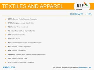 4949MARCH 2017
GLOSSARY … (1/2)
BTRA: Bombay Textile Research Association
CAGR: Compound Annual Growth Rate
FDI: Foreign Direct Investment
FY: Indian Financial Year (April to March)
GOI: Government of India
INR: Indian Rupee
NITRA: Northern India Textile Research Association
NTC: National Textiles Corporation
NTP: National Textile Policy
SASMIRA: Synthetic & Art Silk Mills Research Association
SEZ: Special Economic Zone
SITP: Scheme for Integrated Textile Park
For updated information, please visit www.ibef.org
TEXTILES AND APPAREL
 