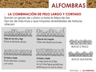 - LA COMBINACIÓN DE PELO LARGO Y CORTADO
Suman un grado de calidez a toda la felpa de rizo
Son las de más ricas y que mayores diversidades de texturas
ofrecen
TEXTILES | ALFOMBRAS
BUCLÉ MULTILEVEL
BUCLÉ O RULO
 