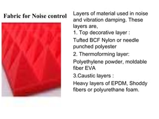 Fabric for Noise control Layers of material used in noise
and vibration damping. These
layers are,
1. Top decorative layer :
Tufted BCF Nylon or needle
punched polyester
2. Thermoforming layer:
Polyethylene powder, moldable
fiber EVA
3.Caustic layers :
Heavy layers of EPDM, Shoddy
fibers or polyurethane foam.
 
