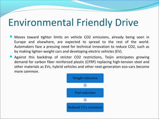 Environmental Friendly Drive
 Moves toward tighter limits on vehicle CO2 emissions, already being seen in
Europe and elsewhere, are expected to spread to the rest of the world.
Automakers face a pressing need for technical innovation to reduce CO2, such as
by making lighter-weight cars and developing electric vehicles (EV).
 Against this backdrop of stricter CO2 restrictions, Teijin anticipates growing
demand for carbon fiber reinforced plastic (CFRP) replacing high-tension steel and
other materials as EVs, hybrid vehicles and other next-generation eco-cars become
more common.
 