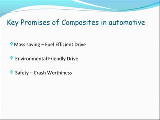 Key Promises of Composites in automotive
Mass saving – Fuel Efficient Drive
 Environmental Friendly Drive
 Safety – Crash Worthiness
 