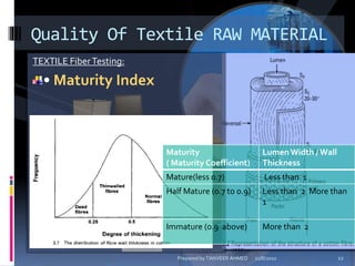 TEXTILE FiberTesting:
• Maturity Index
Quality Of Textile RAW MATERIAL
Maturity
( Maturity Coefficient)
LumenWidth / Wall
Thickness
Mature(less 0.7) Less than 1
Half Mature (0.7 to 0.9) Less than 2 More than
1
Immature (0.9 above) More than 2
11/8/2010 12Prepared by TANVEER AHMED
 