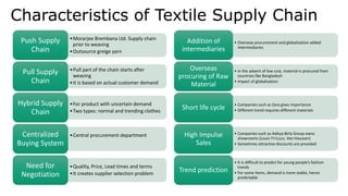 •Morarjee Brembana Ltd. Supply chain
prior to weaving
•Outsource greige yarn
Push Supply
Chain
•Pull part of the chain starts after
weaving
•It is based on actual customer demand
Pull Supply
Chain
•For product with uncertain demand
•Two types: normal and trending clothes
Hybrid Supply
Chain
•Central procurement department
Centralized
Buying System
•Quality, Price, Lead times and terms
•It creates supplier selection problem
Need for
Negotiation
• Overseas procurement and globalization added
intermediaries
Addition of
intermediaries
• In the advent of low cost, material is procured from
countries like Bangladesh
• Impact of globalization
Overseas
procuring of Raw
Material
• Companies such as Zara gives importance
• Different trend requires different materials
Short life cycle
• Companies such as Aditya Birla Group owns
showrooms (Louis Philippe, Van Haussen)
• Sometimes attractive discounts are provided
High Impulse
Sales
• It is difficult to predict for young people’s fashion
trends
• For some items, demand is more stable, hence
predictable
Trend prediction
Characteristics of Textile Supply Chain
 