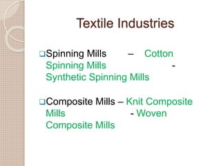 Textile Industries
Spinning Mills – Cotton
Spinning Mills -
Synthetic Spinning Mills
Composite Mills – Knit Composite
Mi...