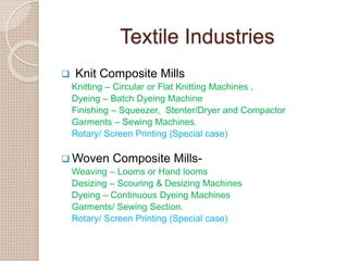 Textile Industries
 Knit Composite Mills
Knitting – Circular or Flat Knitting Machines ,
Dyeing – Batch Dyeing Machine
Fi...