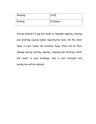 Winding 6+0.5
Packing 8 & above
Excess moisture % age will result in, improper opening, cleaning
and drafting causing higher imperfection level. On the other
hand, in case, lesser the moisture %age, there will be fibre
damage during beating, opening, cleaning and drafting, which
will result in yarn breakage, loss in yarn strength and
production will be reduced.
 