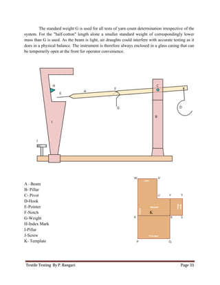 Textile Testing By P. Rangari
The standard weight G is used for all tests of yarn
system. For the "half-cotton" length alone a smaller standa
mass than G is used. As the beam is light, air draughts could interfere with
does in a physical balance. The instrument is therefore always enclosed in a glass
be temporarily open at the front for
A –Beam
B- Pillar
C- Pivot
D-Hook
E-Pointer
F-Notch
G-Weight
H-Index Mark
I-Pillar
J-Screw
K- Template
The standard weight G is used for all tests of yarn count determination irrespective of the
cotton" length alone a smaller standard weight of correspondingly lower
As the beam is light, air draughts could interfere with accurate testing as it
instrument is therefore always enclosed in a glass
be temporarily open at the front for operator convenience.
K
Page 35
count determination irrespective of the
correspondingly lower
accurate testing as it
instrument is therefore always enclosed in a glass casing that can
 