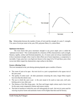 Textile Testing By P. Rangari
Fig. – Relationship between the number of turns of twist
T/m, turns of twist per meter in the yarn; PES, polyester fibers; Co, cotton fibers
Optimum twist factor:
The twist factor that gives maximum strength
‘optimum twist factor‘. This would naturally be a function of fibre characteristics such as length,
fineness, rigidity, surface and frictional properties, etc. of course yarns not always manufactured
to have maximum strength; when visual or other effects are of more importance, a compromise is
inevitable. Crepe yarns have very high twist factors in the range 6.0 to 9.0 and these yarns when
woven into fabric impart the characteristic crepe surface to the fabric.
Factors Affecting Twist:
The twist introduced in the yarn during spinning depend
 The count of yarn to be spun
the yarn count.
 The quality of cotton used -
less twist than the shorter ones.
 The use to which the yarn is put
knitting yarn or any other yarn.
 The fineness of the fibre being spun
for the same count compared to shorter and coarser cottons.
 The kind of machine in which the yarn will subsequently be used
weaving on power looms and automatic looms will be higher than that used for hosi
Relationship between the number of turns of twist and the strength of a yarn; F, strength;
T/m, turns of twist per meter in the yarn; PES, polyester fibers; Co, cotton fibers
The twist factor that gives maximum strength in any given staple yarn is called the
‘optimum twist factor‘. This would naturally be a function of fibre characteristics such as length,
fineness, rigidity, surface and frictional properties, etc. of course yarns not always manufactured
strength; when visual or other effects are of more importance, a compromise is
Crepe yarns have very high twist factors in the range 6.0 to 9.0 and these yarns when
fabric impart the characteristic crepe surface to the fabric.
The twist introduced in the yarn during spinning depends upon a number of factors.
The count of yarn to be spun - the twist level in a yarn is proportional to the square root of
- all other parameters remaining the same, longer fibres require
ter ones.
The use to which the yarn is put - is the yarn meant to be used as warp yarn, weft yarn,
knitting yarn or any other yarn.
The fineness of the fibre being spun - the finer and longer staple cottons need a lower twist
for the same count compared to shorter and coarser cottons.
The kind of machine in which the yarn will subsequently be used - the twist in yarns used for
weaving on power looms and automatic looms will be higher than that used for hosi
Page 41
and the strength of a yarn; F, strength;
T/m, turns of twist per meter in the yarn; PES, polyester fibers; Co, cotton fibers.
in any given staple yarn is called the
‘optimum twist factor‘. This would naturally be a function of fibre characteristics such as length,
fineness, rigidity, surface and frictional properties, etc. of course yarns not always manufactured
strength; when visual or other effects are of more importance, a compromise is
Crepe yarns have very high twist factors in the range 6.0 to 9.0 and these yarns when
s upon a number of factors.
the twist level in a yarn is proportional to the square root of
all other parameters remaining the same, longer fibres require
is the yarn meant to be used as warp yarn, weft yarn,
s need a lower twist
the twist in yarns used for
weaving on power looms and automatic looms will be higher than that used for hosiery.
 