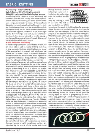FABRIC:  KNITTING
Naalbinding – History of Knitting                             through the loops already.
by B. V. Doctor, HOD of Knitting Department,                  Following is a very basic in-
SASMIRA’s Institute of Man Made Textiles, Mumbai              troduction to naalbinding,
Naalbinding is also known as “cousin” of knitting and         using the simplest possible
crochet. It predates both knitting and crochet by about       stitch.
atleast 2000 yrs. Naalbinding is a textile technique that     Start by making a loop
uses a single, eyed, needle to create a stretchable fabric    in the yarn. The red ar-
by sewing non-continuous lengths of thread in a fash-         row marks the end of the
ion that in its most basic form is a series of buttonhole     yarn where the needle is. Hold this loop flat as shown
stitches / darning stitches and in more complex forms         above. Then put the needle through the loop from the
are threaded together. The thread is not pulled tight         bottom, over the lower part of the loop, under the up-
against itself forming a hard knot, but the stitches are      per part of the loop and over the loose end of the yarn.
tensioned, often around a thumb or needle, leaving a          When the needle is through the previous loop, tighten
meshwork of interlocking loops of thread. Diagram of          it around the needle. The size needle used determines
the simple buttonhole stitch variant                          the gauge of the stitches. This picture shows a loose
A basic method of  naalbinding                                row of these stitches. The most recent one is on the
In naalbinding each loop is connected to at least one         right - trace it through the previous loop to see its over-
on either side as well. In regular knitting, each loop        under-over course. This stitch can be described more
is only connected to those directly above and below           concisely as O/UO. The / shows the point in the over-
it.The resulting fabric is generally built spiraling up row   under-over path where the yarn switches from mov-
by row and can be very elastic or quite stiff depending       ing deeper into the previous stitches to moving back
on the variation and material used. It was regarded as        out towards the edge of the work. Stitches of greater
a superior craft because it required more skill to pro-       complexity are made by going through more than one
duce. The fabrics created are thicker and warmer.             of the previous loops and in different paths.Since a sin-
The technique of working a fabric of interlocking loops       gle row of stitches isn’t very useful, the next step is to
with a needle and thread may be traced back as far            learn how to work in the round. Start by making a loop
as the neolithic period. The earliest known extent ex-        just like that in the first illustration, but larger than
amples of nålbinding, if one is to include the button-        the one you used for starting a row of stitches. This
hole stitch versions, are from c 6500 BC found in Nehal       will be the foundation for working a circle of stitches.
Hemar, a cave in the Judean desert, Israel and Chinese        Now work a stitch just as you did previously, but this
hats from 1000 BC. The next specimens are fragments           time go through the foundation loop from the front
found in Denmark from the Mesolithic era of the Stone         before working the rest of the stitch. Continue to work
Age (4,200 BC calibrated). Since the Stone Age a num-         stitches through the foundation loop and through the
ber of examples have turned up. By the 5th century            previous stitch. The needle goes over then under the
AD there are already a number of very complex ex-             foundation loop, then over and under the previous
amples. For example a sock found in Egypt from the            stitch, and finally over the loop of the new stitch. After
4th to 6th centuries AD acquired by the Imperial Mu-          you have a number of stitches worked into the founda-
seum of Austria in 1890. During the Viking Age even           tion loop, pull the end to tighten this loop. Then con-
more examples begin to turn up. A wool sock found             tinue working around the circle of stitches you have
at Coppergate, York, England, from 970 AD with evi-           already made, but instead of going through the foun-
dence of madder dye on the ankle. Two mittens from            dation loop, go through a stitch of the previous row in
Iceland dated to the 10th century. From C4-C6 Egypt           exactly the same way. Increases are made by working
there are several examples of sandal socks worked in          two stitches into one stitch from the previous row, and
a form of naalbinding which resembles true knitting,          decreases are made by working two stitches together.
and for this reason the technique is sometimes called         There are at least 30 naalbinding stitches. Up to 1024
‘single-needle knitting’, to distinguish it from knitting     variations of one form of naalbinding are possible.
on two needles. Naalbinding is slow process because
the entire length of yarn must be pulled through each
stitch, but it will not run. Naalbinding can only be done
with short lengths of yarn (about 18 inches), which are
joined together as the work progresses.
Several different forms of naalbinding are known,
from very simple to highly complicated and they are
described by the course of the needle and thread

April - June 2012                                                                                                     27
 