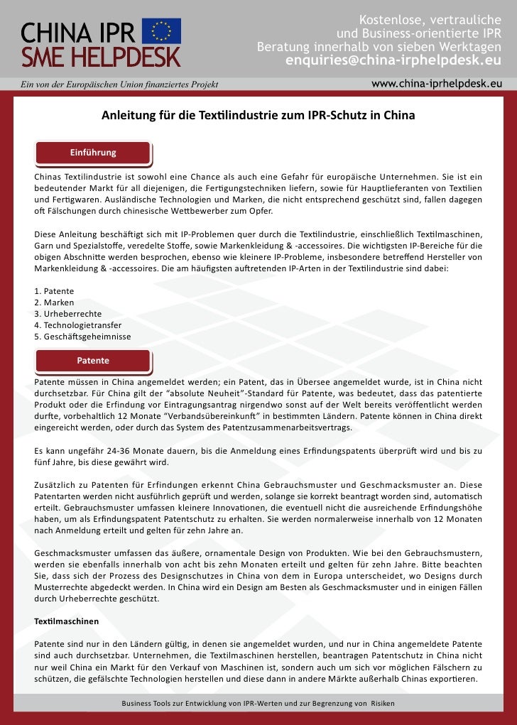 Anleitung Fur Die Textilindustrie Zum Ipr Schutz In China