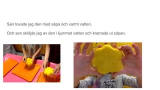 Sen tovade jag den med såpa och varmt vatten.
Och sen sköljde jag av den i ljummet vatten och kramade ut såpan.
 
