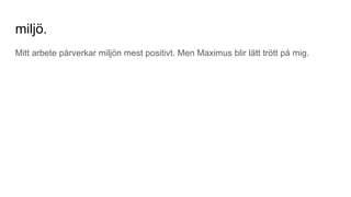 miljö.
Mitt arbete pårverkar miljön mest positivt. Men Maximus blir lätt trött på mig.
 