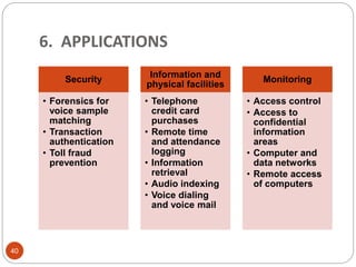Security
• Forensics for
voice sample
matching
• Transaction
authentication
• Toll fraud
prevention
Information and
physical facilities
• Telephone
credit card
purchases
• Remote time
and attendance
logging
• Information
retrieval
• Audio indexing
• Voice dialing
and voice mail
Monitoring
• Access control
• Access to
confidential
information
areas
• Computer and
data networks
• Remote access
of computers
40
6. APPLICATIONS
 