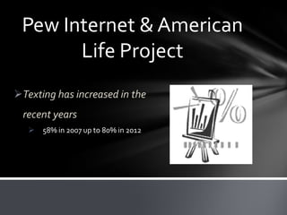 Pew Internet & American
Life Project
Texting has increased in the
recent years


58% in 2007 up to 80% in 2012

 