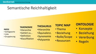 Semantic Recruitment Technology
Semantische Reichhaltigkeit
INDEX
• Schlagworte
• Liste
• Gruppierung
TAXONOMIE
•Hierarchie
•Gehört zu...
•Definition
•Klassifikation
THESAURUS
•Hierarchie
•Äquivalenz.
•Synonomie
•Polysemie
TOPIC MAP
•Thema
•Beziehung
•Rolle/Scope
•Resourcen
ONTOLOGIE
• Konzepte
• Beziehung
• Vererbung
• Regeln
 