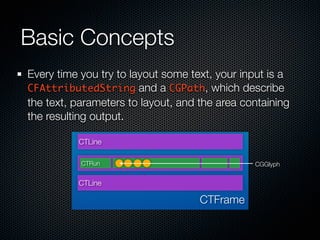 Basic Concepts
Every time you try to layout some text, your input is a
CFAttributedString and a CGPath, which describe
the...