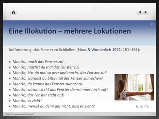 Eine Illokution − mehrere Lokutionen
Aufforderung, das Fenster zu Schließen (Maas & Wunderlich 1972: 151−161):
 Monika, mach das Fenster zu!
 Monika, machst du mal das Fenster zu?
 Monika, bist du mal so nett und machst das Fenster zu?
 Monika, würdest du bitte mal des Fenster zumachen?
 Monika, du kannst das Fenster zumachen.
 Monika, warum steht das Fenster denn immer noch auf?
 Monika, das Fenster steht auf!
 Monika, es zieht!
 Monika, merkst du denn gar nicht, dass es zieht? u. a. m.
Prof. Dr. Jelena Kostić-Tomović
12
 