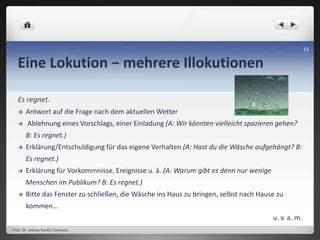 Eine Lokution − mehrere Illokutionen
Es regnet.
 Antwort auf die Frage nach dem aktuellen Wetter
 Ablehnung eines Vorschlags, einer Einladung (A: Wir könnten vielleicht spazieren gehen?
B: Es regnet.)
 Erklärung/Entschuldigung für das eigene Verhalten (A: Hast du die Wäsche aufgehängt? B:
Es regnet.)
 Erklärung für Vorkommnisse, Ereignisse u. ä. (A: Warum gibt es denn nur wenige
Menschen im Publikum? B: Es regnet.)
 Bitte das Fenster zu schließen, die Wäsche ins Haus zu bringen, selbst nach Hause zu
kommen…
u. v. a. m.
Prof. Dr. Jelena Kostić-Tomović
13
 