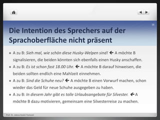 Die Intention des Sprechers auf der
Sprachoberfläche nicht präsent
 A zu B: Sieh mal, wie schön diese Husky-Welpen sind!  A möchte B
signalisieren, die beiden könnten sich ebenfalls einen Husky anschaffen.
 A zu B: Es ist schon fast 18.00 Uhr.  A möchte B darauf hinweisen, die
beiden sollten endlich eine Mahlzeit einnehmen.
 A zu B: Sind die Schuhe neu?  A möchte B einen Vorwurf machen, schon
wieder das Geld für neue Schuhe ausgegeben zu haben.
 A zu B: In diesem Jahr gibt es tolle Urlaubsangebote für Silvester.  A
möchte B dazu motivieren, gemeinsam eine Silvesterreise zu machen.
Prof. Dr. Jelena Kostić-Tomović
16
 